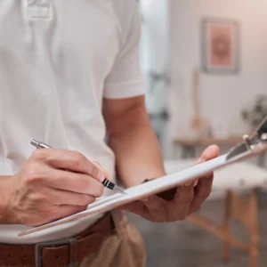 A man writing stuff on his notepad.