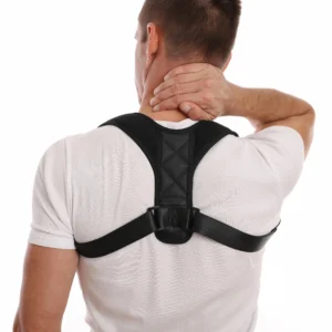 A man wearing a shoulder brace, touching his neck.