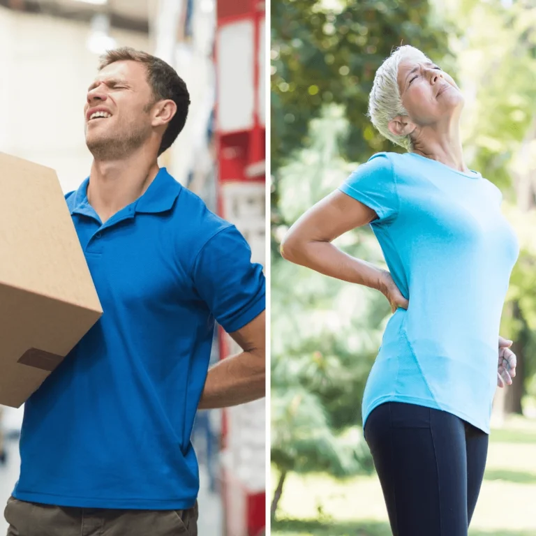 Two pictures side by side of a a man and a woman both touching their backs and looking to be in pain.