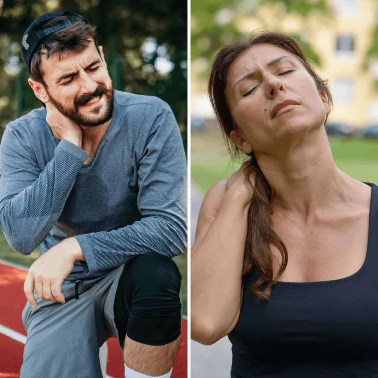 Two images side by side showing a man and a woman touching their necks and looking to be in pain.