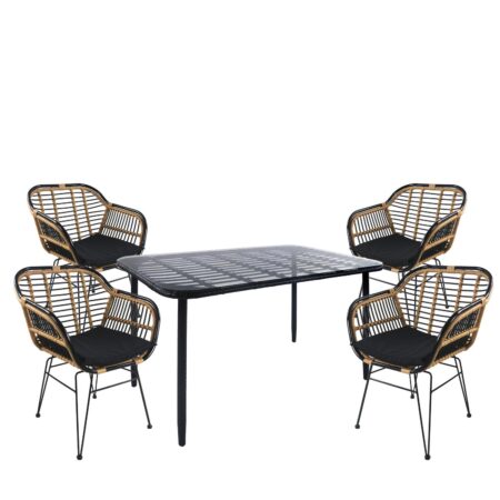 Σετ Τραπεζαρία Κήπου ArteLibre ANNIUS Μαύρο Μέταλλο/Rattan/Γυαλί Με 4 Καρέκλες 14990366