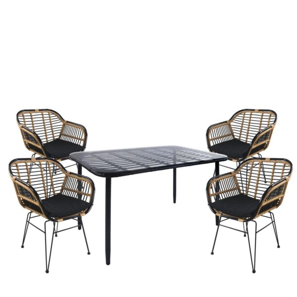 Σετ Τραπεζαρία Κήπου ArteLibre ANNIUS Μαύρο Μέταλλο/Rattan/Γυαλί Με 4 Καρέκλες 14990366