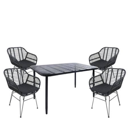 Σετ Τραπεζαρία Κήπου ArteLibre ANNIUS Μαύρο Μέταλλο/Rattan/Γυαλί Με 4 Καρέκλες 14990378