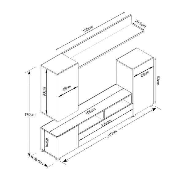 Σύνθεση τηλεόρασης Lucius  από μελαμίνη χρώμα honey oak 210x37x170εκ.