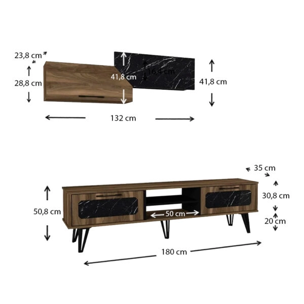 Σύνθεση τηλεόρασης Lampert  από μελαμίνη χρώμα καρυδί - μαύρο εφέ μαρμάρου 180x35x51εκ.
