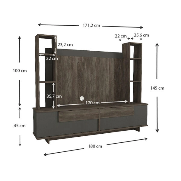 Σύνθεση τηλεόρασης Murano  από μελαμίνη χρώμα σκούρο καρυδί - ανθρακί 180x35x145εκ.