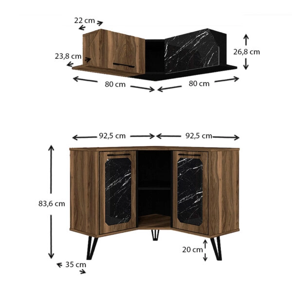 Έπιπλο κουζίνας γωνιακό Lambert  μελαμίνης χρώμα καρυδί - μαύρο εφέ μαρμάρου 92,5x35x83,6εκ.