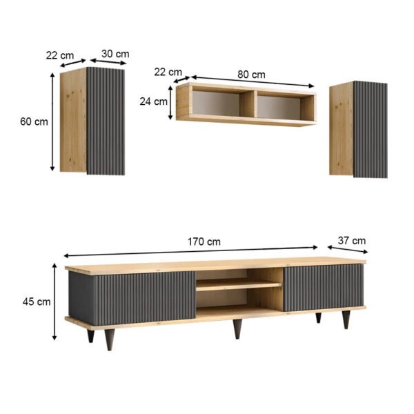 Σύνθεση τηλεόρασης Tokyo  χρώμα sapphire oak - ανθρακί 170x37x45εκ.