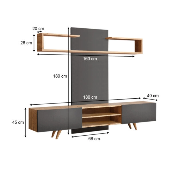 Σύνθεση τηλεόρασης Giacomo  χρώμα sapphire oak - ανθρακί 180x40x45εκ.