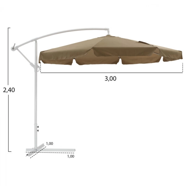 ΟΜΠΡΕΛΑ ΚΡΕΜΑΣΤΗ Φ300x240cm. NOBLE HM6008.02 ΣΤΡΟΓΓΥΛΗ ΣΕ ΒΑΣΗ ΜΕ 4 ΠΟΔΙΑ ΜΟΚΑ ΛΕΥΚΟ