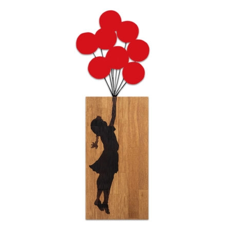 Διακοσμητικό τοίχου Girl with Balloons  ξύλινο - μεταλλικό χρώμα καρυδί - κόκκινο 36x3x100εκ.