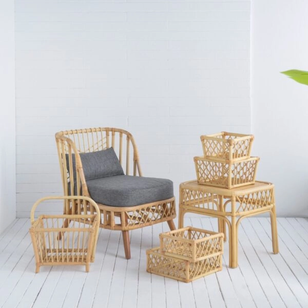 Decor Rattan Πολυθρόνα Βοηθητικό Τραπέζι 2x Καλάθια 2x Καλάθια Θήκη Περιοδικών Ρατάν Φυσική Απόχρωση Σετ/5