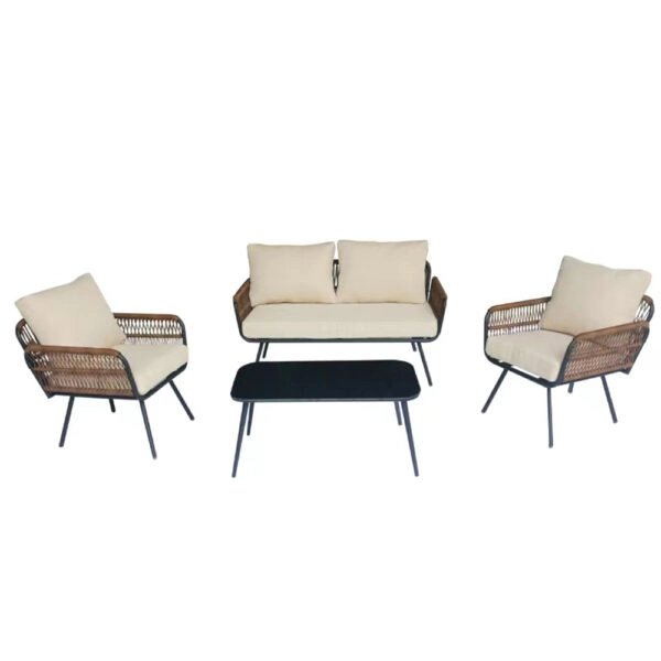 Artekko Rattan Καναπές (140x75x75)cm 2x Πολυθρόνες (66x75x75)cm Τραπέζι με Τζάμι (91x51x40)cm με Πλαστικ Κορδόνι Μεταλλικό  Μαύρο Σκελετό και Μπεζ Μαξιλάρι Σετ/4