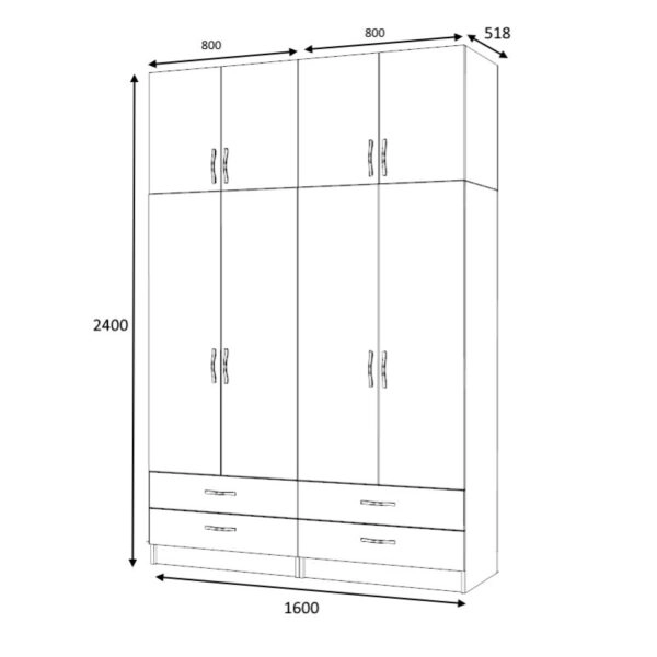 Ντουλάπα ρούχων Ricardo Megapap τετράφυλλη με πατάρι χρώμα καρυδί 160x51,8x240εκ.