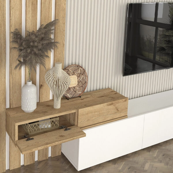 Σύνθεση τηλεόρασης Rosaline Megapap χρώμα λευκό - sepet oak 233x31,3x196,8εκ.