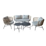 Artekko Rattan Διθέσιος Καναπές (155x75x73)cm 2x Πολυθρόνες (80x75x73)cm 2x Τραπεζάκια (70x70x35) (50x50x45)cm Μεταλλικός Γκρι Σκελετός με Παστικ. Ρατάν σε Φυσική Απόχρωση και Μπεζ Γκρι Μαξιλάρια Σετ/4
