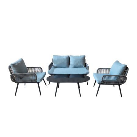 Artekko Rattan Διθέσιος Καναπές (120x70x75)cm 2x Πολυθρόνες (60x75x75)cm Τραπέζι με Τζάμι (110x55x40)cm με Πλαστικ Κορδόνι Μεταλλικό Σκελετό Γκρι και Γαλάζιο Μαξιλάρι Σετ/4