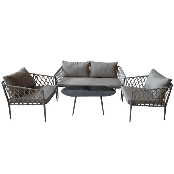 Artekko Rattan Καναπές (160x75x72)cm 2x Πολυθρόνες (76x75x72)cm Τραπέζι με Τζάμι (110x55x42)cm με Πλαστικ Κορδόνι Μεταλλικό Σκελετό Γκρι και Γκρι Μαξιλάρι Σετ/4