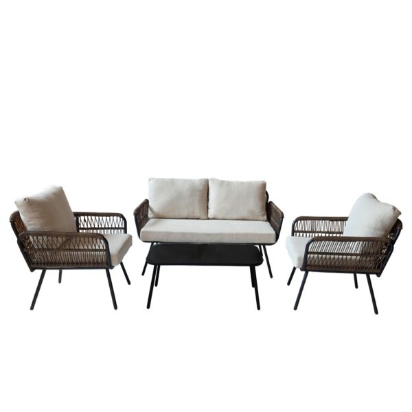 Artekko Rattan Καναπές (140x75x75)cm 2x Πολυθρόνες (66x75x75)cm Τραπέζι με Τζάμι (91x51x40)cm με Πλαστικ Κορδόνι Μεταλλικό  Μαύρο Σκελετό και Μπεζ Μαξιλάρι Σετ/4