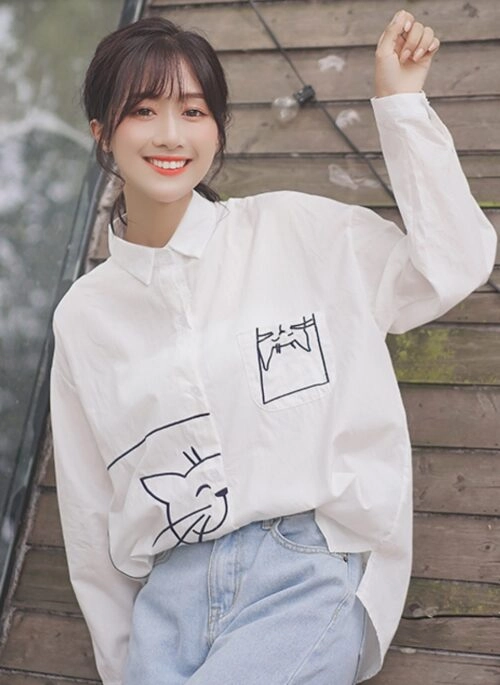 Playful Cat White Long Sleeve Shirt