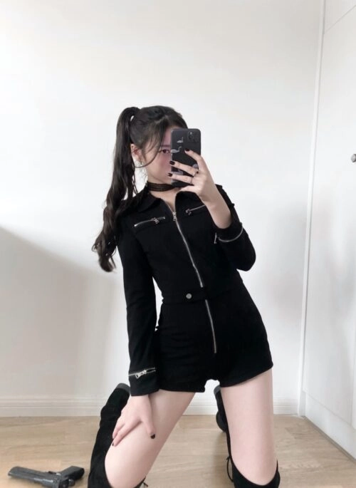 Black Motorcycle Buttoned Belt Jumpsuit | Seulgi – Red Velvet