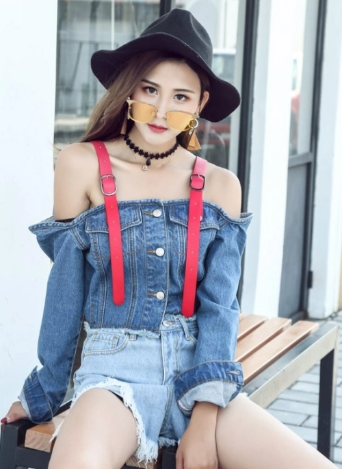 Blue Off-Shoulder Denim Style Crop Top | Rose – BlackPink