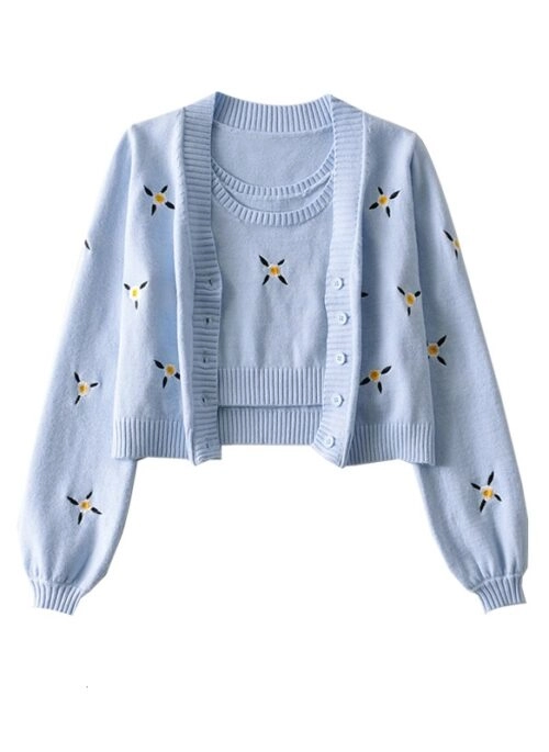 Blue Knitted Top And Cardigan Set | Jennie – BlackPink