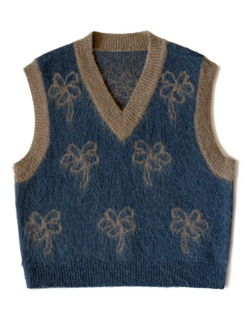 Blue Flower Print V-Neck Vest | Momo – Twice