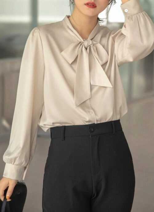 Beige Chiffon Bow Tie  Blouse | Vernon – Seventeen