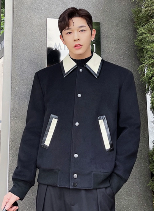 Black Leather Collar Wool Jacket | Wonwoo – Seventeen