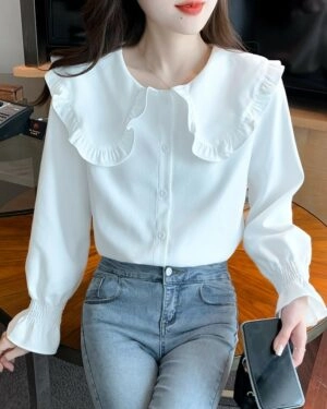 White Ruffled Doll Collar Button-Up Blouse | Kook Yeon Su - Our Beloved Summer