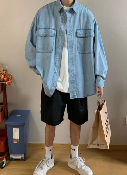 Blue Square-Pocketed Denim Shirt | Mingi – ATEEZ