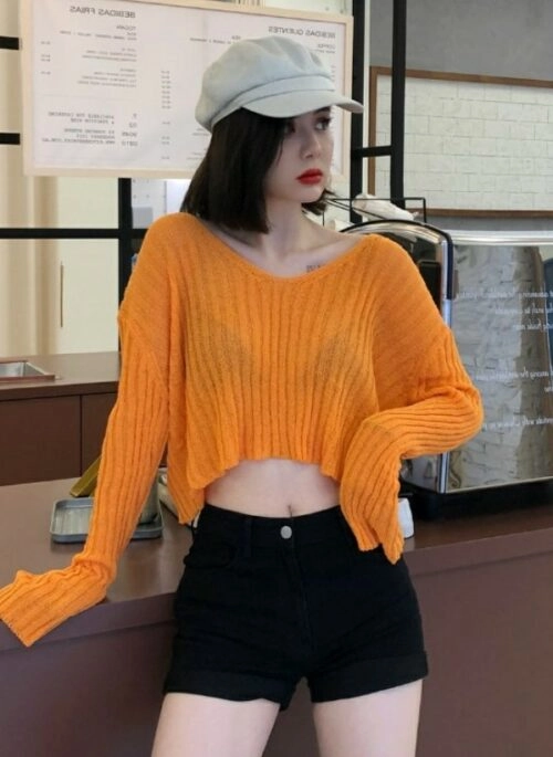 Orange V-Neck Rib Thin Sweater | Soojin – (G)I-DLE