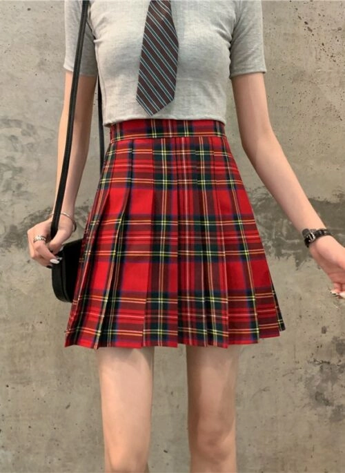 Red Plaid Pleated School Girl Skirt | Nayeon – Twice