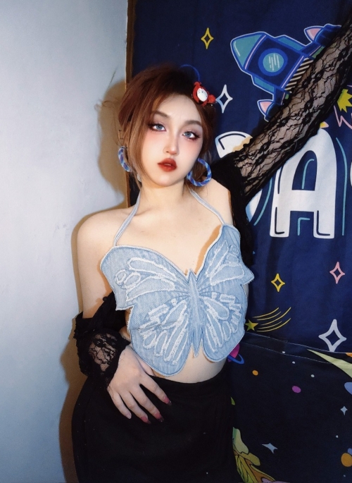 Blue Butterfly Denim Backless Crop Top | Shuhua – (G)I-DLE