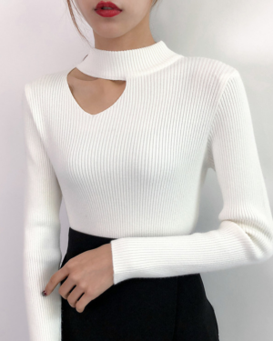 White Collarbone Cut Ribbed Sweater | Tzuyu - Twice