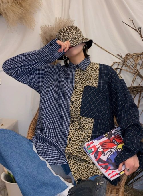 Blue Leopard Plaid Patchwork Shirt | Hyunjin  – Stray Kids