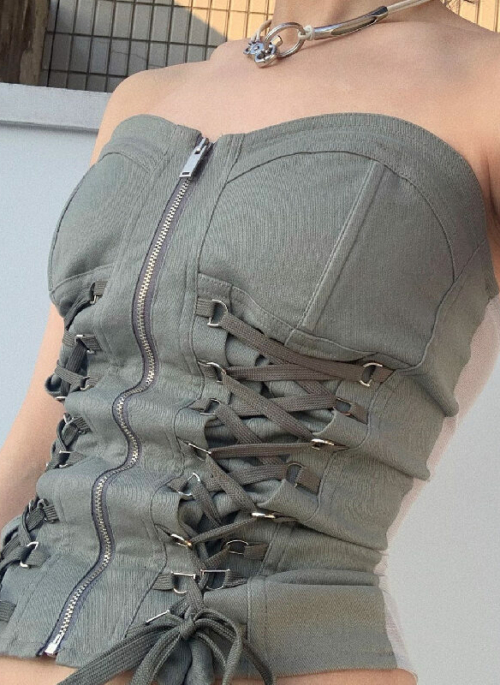 Grey Zip Up Bustier Tube Top With Lace Details | SuA – Dreamcatcher