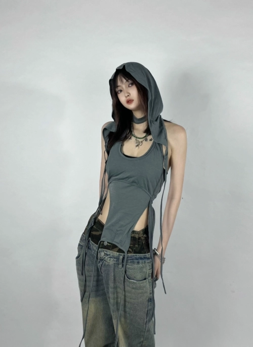 Grey Irregular Layered Tie Top | Hyuna