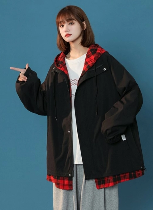 Black Fake Two-Piece Plaid Jacket