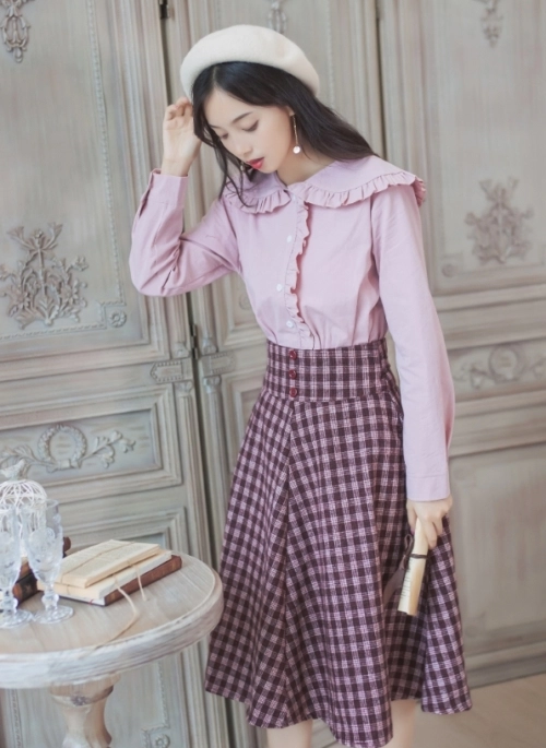 Pink Gingham Suspender Plaid Skirt