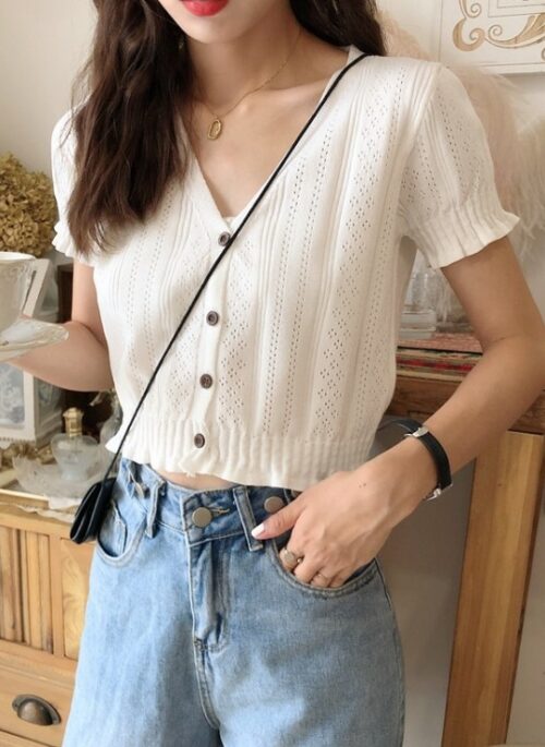 White V-Neck Short Sleeves Cardigan | Jennie – BlackPink