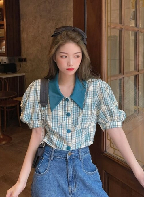 Blue Plaid Puff Sleeve Blouse | Jisoo – BlackPink