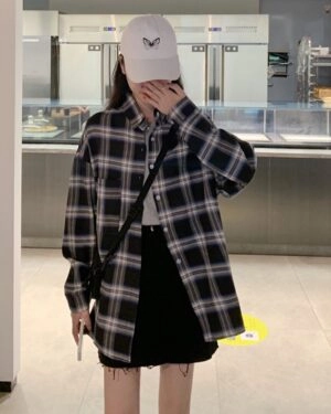 Black Oversized Plaid Shirt | Momo - Twice