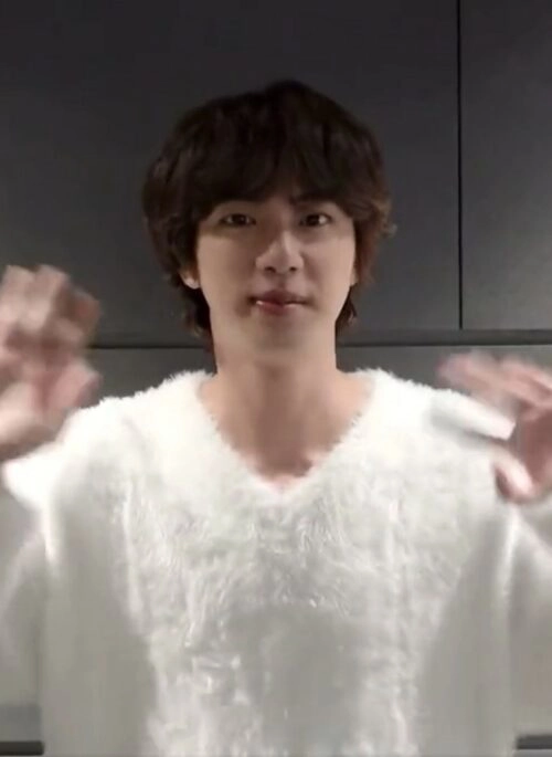 White V-Neck Fluffy Sweater | Jin – BTS