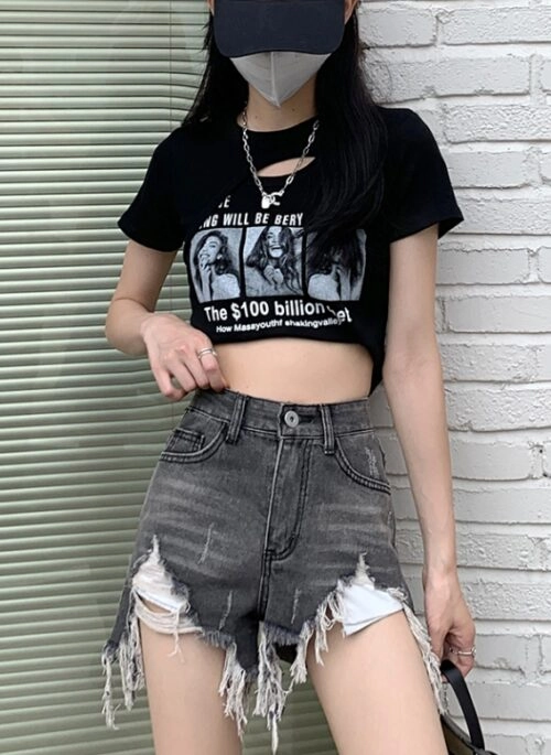 Grey Ripped Denim Shorts | Yeji – ITZY