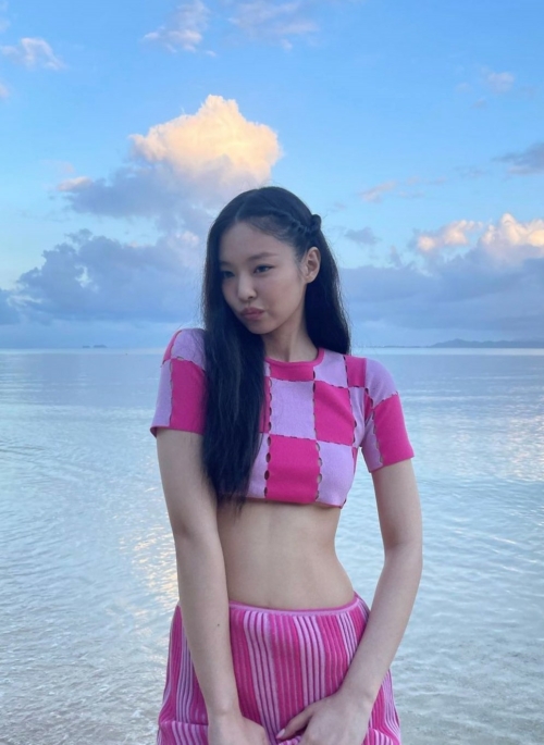 Pink Checkered Stitched Crop T-Shirt | Jennie – BlackPink