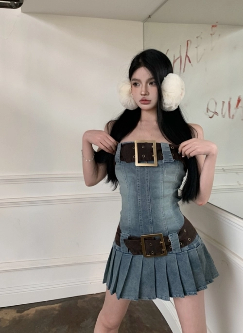 Blue Large Belt Denim Tube Dress | Shuhua – (G)I-DLE