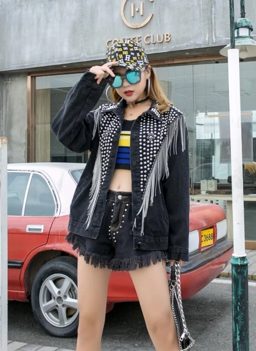 Black Denim Jacket With Silver Tassel And Stones Embellished | Renjun – NCT