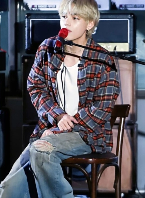 Grey And Red Plaid Long Sleeve Shirt | Taehyung – BTS